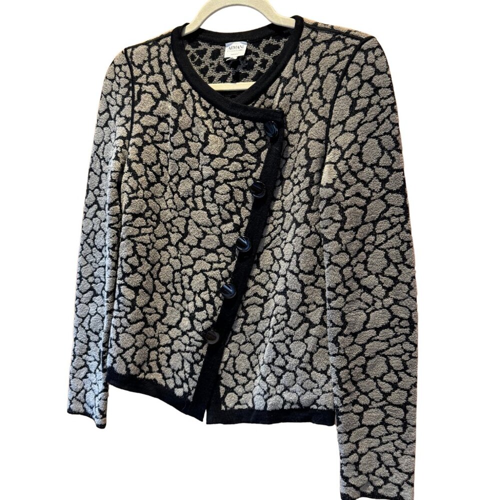 Armani Collezioni Taupe Leopard Jacquard Asymmetrical Button Cardigan